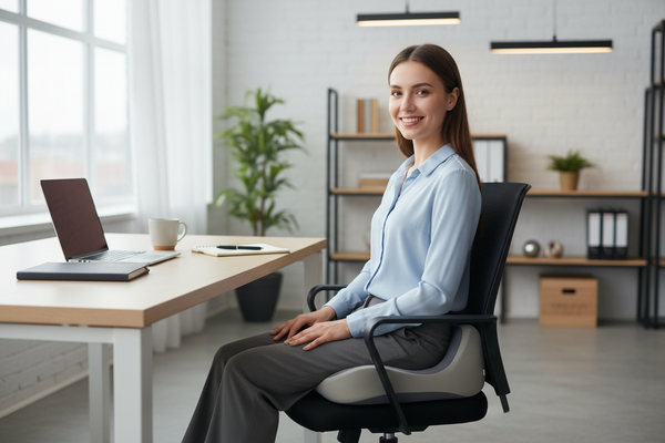 Junge Frau mit Sitzkissen im Büro