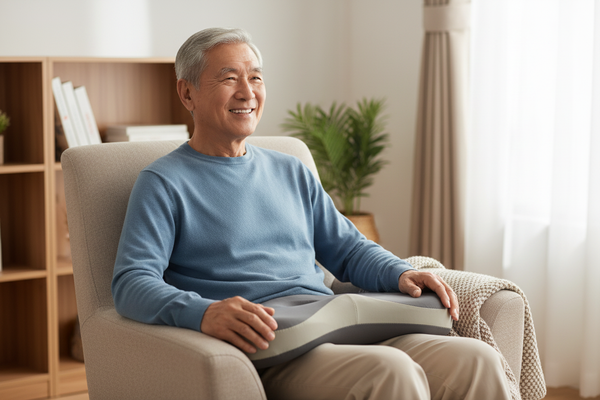 Älterer Mann mit orthopädischem Sitzkissen