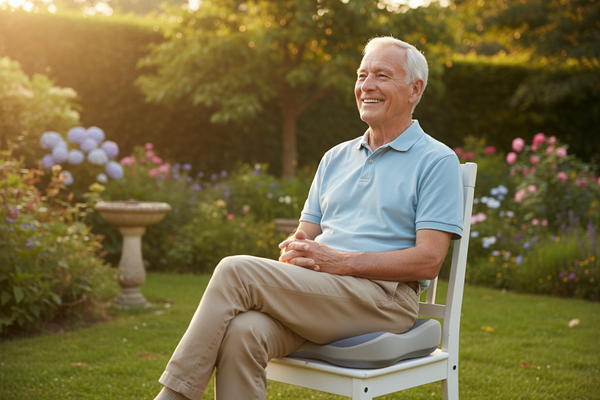 Älterer Mann mit Sitzkissen im Garten
