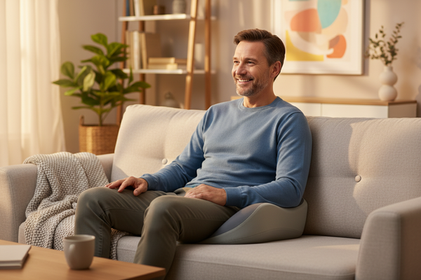 Mann mit Sitzkissen auf dem Sofa